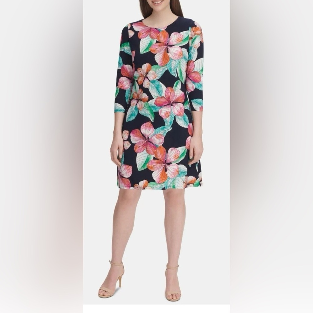 TOMMY HILFIGER Navy/Floral Fit N Flare 3/4 Sleeve Dress Size 12 NEW